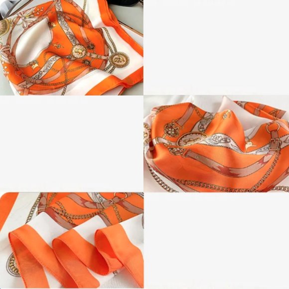 🍏50% OFF/3+... Orange/Cream Pattern Square Scarf - Picture 6 of 7